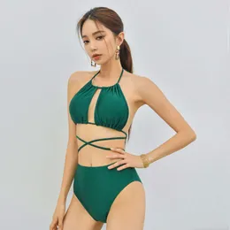 Badeanzug Frauen neuer japanischer und koreanischer Stil sexy Rückenlose kleine Brust gesammelte hohe Taille bedeckt Bauchhängehalsriemen geteilt Bikini