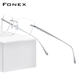 Lenses Fonex Pure Titanium Glasses Frame Men Rimless Prescription Square Eyeglasses 2021 Women Frameless Myopia Optical Eyewear 8555