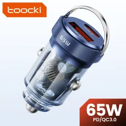 Ładowarki tocki 65W ładowarka samochodowa USB Szybka ładunek 3.0 Transparent typu C ładowarka samochodowa na iPhone 13 14 Samsung Xiaomi 33W Carkger telefonu