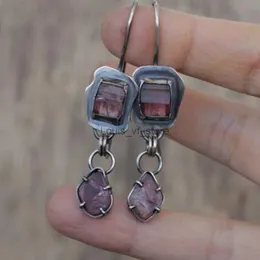 Dangle Avize Vintage Kare Pembe Taş Küpe Saray Tarzı Eski Metal Gümüş Renk Asma Geometrik H240423