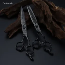 Schere anpassen 6 Zoll gehobenes schwarzes Damaskus Haarschere Haarschnitt Dünnende Frisewerkzeuge Schneiden der Schere Schere Schere Schere
