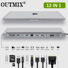 Hubs 12 in 1 MST Tipo C HUB a HDMicompatible USB 3.0 HUB DOCK VGA RJ45 Adattatore USB Convertitori PD per Loptop Thunderbolt 3 USB C hub