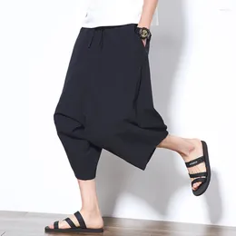 Men's Pants Men Drop Crotch Baggy Cropped Trousers Harem Summer Vintage Chinese Style Soild Color Calf-lenght