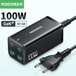 Chargers Rocoren Gan 100w Desktop Charger Quick Charge 4.0 Qc 5.0 3.0 Pd Usbc Type C Usb Fast Charging for Book Samsung Iphone Laptop