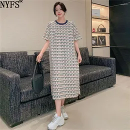 Платья для вечеринок NYFS 2024 Summer Korea Женщина платье vestidos халат Elbise Cotton Print Print Slit Loose Plus с коротким рукавом длинный