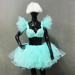 Sahne Giyim Seksi Bar Kostüm Led Leh Dahası Kabarık Gazlı Bikini Etek Kıyafetler Nane Yeşil Kadın Şarkıcı Dans Takımı Performans Giysileri