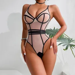 Mesh de lingerie erótica Splicing Sexy Seethrough Moldando o macacão sem costas Halter SomenteFans 240423