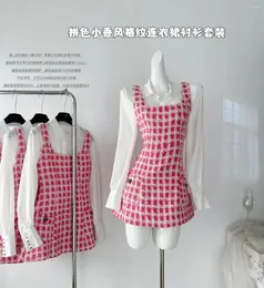 Work Dresses GkyocQ 2024 Fashion Women Two Piece Sets Sweet Girls Pink Plaid Tweed A Line Mini Dress Long Sleeve Basic Shirt Female