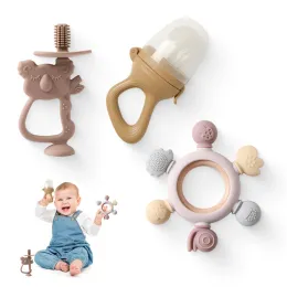 Diş fırçası 1set bebek silikon koala eğitim diş fırçası ahşap halka silikon bpa ücretsiz yürümeye başlayan çocuk teether çiğneme oyuncakları tutam teter çocuk hediyesi