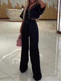 Calça feminina tyhru ternos de caneca curta de decote em V Sexy camisetas de canhão largura de pernas largas 2 peças conjuntos fora de moda 240412