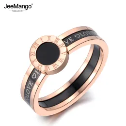 Bandas Jeemango Black Acrílico Amor Romano Anéis de Casamento para Mulheres Color Rosa Color Titanium Jóias Anel Aço Anterior Jr19060