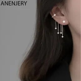 Серьги Anenjery Silver Color Циркона звездного кисточка Асимметричные зажимы Серьги для женщин Действительные небесные серьги