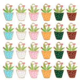 매력 Pandahall 60pcs 6 색 에나멜 화분 매력 귀여운 봄 녹색 참 보석 제작을위한 미니 식물 매력 DIY 제작