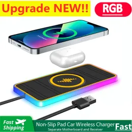 充電器15Wカーワイヤレス充電器パッドRGBシリコン非スリップマット用iPhone 14 13 Samsung Xiaomi Car Phone Chargers Fast Charging Station