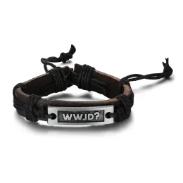 Strands WWJD Men's Leather Bracelet O que Jesus faria Bangle Bangle Bracelete Cristão Presente Religioso Cristão