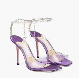 2024 Summer Lady Dress Pump Sandal Sandals satinato con abbellimento di cristallo alla caviglia della caviglia estate festa di nozze alte scarpe sexy di punta con boxssale