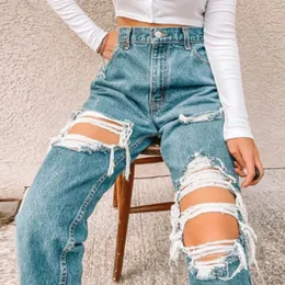 Retro rippade jeans för kvinnor sommar och hösthögskantad bantning mångsidig lös design wideleg byxor 240410