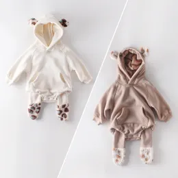 One-Pieces Baby Girl Clothes Autumn and Winter Stuffed Ears Baby Newborn Clothes Hooded And Body Harpy Crawl Suit With Velvet And Thick