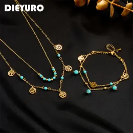 Necklaces DIEYURO 316L Stainless Steel Round Tree Green Stone Beads Necklace Anklets For Women Girl Fashion 2Layer Chains Jewelry Set