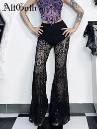 Calça feminina Altgoth Mall Mall Gótico Vintage Lace Mulheres de rua sexy Veja através de calças punk escuro e punk escuro de cintura alta