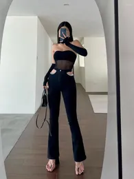 Женские джинсы Черная тощая женская Womengaga на 2024 г. Летний дизайн высокий талию с прямыми расклешенными брюками Альтернативная мода корейская n8bn