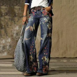 Women Jeans Fashion Straight Leg Cargo Pants High Waist Vintage Printed Denim Streetwear Loose Casual Wide 240410