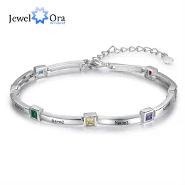 Bangle JewelOra Personalized Inlaid Square Birthstone Bracelets & Bangles Customized 8 Names Engraved Bracelets for Mother Xmas Gifts