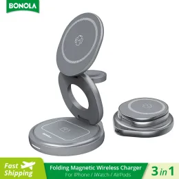 Chargers Bonola Metal 3 in 1 Wireless Charger Foldable Stand for iPhone 14/13/15 Pro 15W Magnetic Wireless Charging for iWatch/AirPodsPro