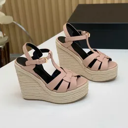 Wedge heel sandals fashion designer cowhide Patent leather Narrow Band Letter clasp womens shoes with woven hemp strips 10.5CM high Heeled Classics Rome sandal 35-43