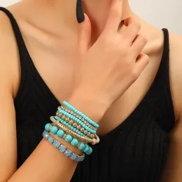 Strängar Trendiga 8st/Lot Turquoise Stone Armband Set för kvinnor Handamde Multilayer Natural Stone Bangles smycken Nya festgåvor