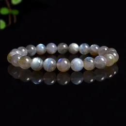 Strands Natural Grey Labradorite Bracelets Flash Smooth Spectrolite Moonstone Round Elastic Beads Bracelet Genuine Natural Stone Jewelry