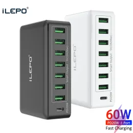 Hubs ILEPO 60W 8 Port USB Fast Charger PD20W HUB Smart Quick Charge Multi USB Charging Station Mobile Phone Desktop Home for iPhone