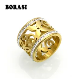 Bands BORASI New Crystal Rings For Women White Rhinestone Stainless Steel Gold Color Wedding Female Flower Rings Teen Jewelry