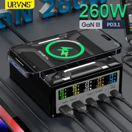 허브 URVNS 260W 5 포트 빠른 USB C 충전소, 140W PD3.1 USB C GAN 충전기 LCD 디스플레이, 무선 충전기, 데스크탑 USB 허브