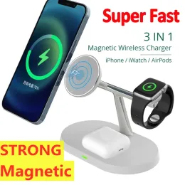 Зарядные устройства 15W 3 в 1 магнитное беспроводное зарядное устройство подставка для iPhone MacSafe 14 13 12 Apple Watch Airpods Pro Fast Зарядка док -станция