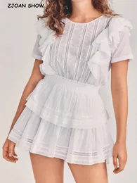 Summer Hollow Out Hole Spiced Lace Ruffles Hem Short Sleeve Swing Dress White Women Slim Elastic Midje Mini Cake Dresses 240416