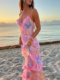 Abiti casual Vine a V-Neck Sexy Wexes Abito da festa sexy Domande Summer Sleeveless Stamping Patchwork Maxi 2024 Ladie in stile spiaggia