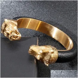 Manschette 14k Gelbgold Löwen Kopf Offener Armreifen für Männer elastische verstellbare Lederarmbänder Jungen Handzubehör Schmuckabfall DHUD5 DHUD5