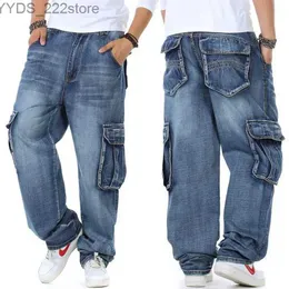 Jeans femininos tamanho grande 46 calças de jeans soltas calças de jeans de bolso de bolso reto Casual Rua Casual Marca de hip-hop Trem de frete de perna larga azul YQ240423