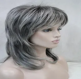 新しいWomen039S Wig Medium Length Gray Layered Shouldle Long Synthetic Hair Full Wig2505567