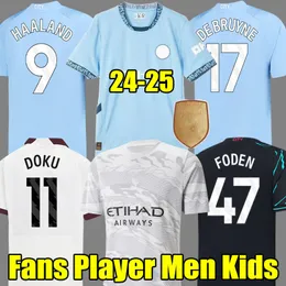 S-4XL 24 25 Haaland Futbol Formaları Grealish Sterling Mans Cities Mahrez hayranları versiyon GK Kit De Bruyne Foden Futbol Gömlek Çocuk Kiti Yeşil Mor Kalecisi