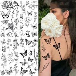Tatuaże Motyl fałszywy tatuaż dla kobiety czarny kwiat tatuaż szkic tatuaż naklejka róży kwiat tatuaż tymczasowy wodoodporny
