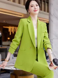 S-3XL Pembe Yeşil Siyah Kadın Ceket ve Pantolon Takım Blazer Kadın Ofis Leydi İş İş Giysisi Formal 2 Parça Pocket ile Set 240415