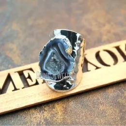 Bandas 10pcs preto gótico bruxaria wicca jóias de pedra natural boho banda ampla gate druzy geode declaração prateada anel de punho de prata