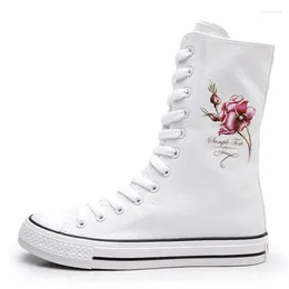 Casual Shoes Girls Sneakers Mid Top Women's Front Tie Up Side Rose Pattern Canvas Student Board Big Size Inner 5cm