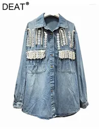 Bloups feminina camisa jeans de correntes de miçanga solta lantel