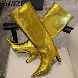 Boots Metalic Leather Gold High High Long Hoel Shoes Women's Runway Brand Botte Femme Hiver 2024