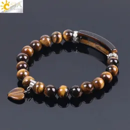 Strands CSJA Natural Stone Tiger' Eye Bracelets for Women 8mm Round Beaded Healing Crystal Heart Charms Stretch Bracelet Protection F105