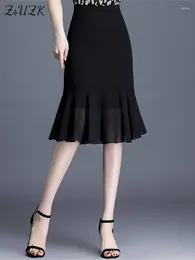 Kjolar zuzk kvinnor svart chiffong kjol sommar mjuk hög midja elegant dam enkel droop knälängd jupe 420402