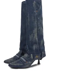2024 Lady Women Sheepes Leather Denim Jean حذاء واحد يناسب اثنين من 6 سم ميد كعب صغير مربع طويل ركب الركبة المنصة قابلة للفصل أحذية مارتن باتي حجم الزفاف 34-41